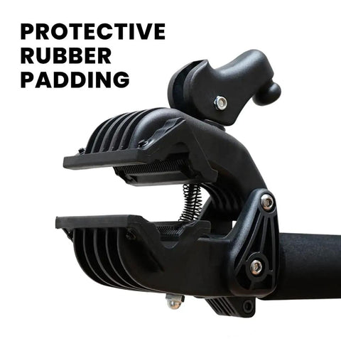 Close-up of heavy duty clamp with protective rubber padding on Mechanic Bike Repair Stand With Adjustable Height And Tilt Pro Grade Quick Release 360 Degree Rotation Heavy Duty Clamp Holds Up To 55 Lbs Works With Standard Mountain And Road Bikes Tool Plate Included.