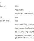 Specifications for Tough As Nails Hearing Protection Earmuffs, 26dB noise reduction, adjustable earcups, bright red, ABS material.