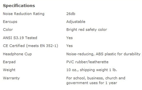 Specifications for Tough As Nails Hearing Protection Earmuffs, 26dB noise reduction, adjustable earcups, bright red, ABS material.
