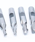Beefy Single End 2 Flute End Mill Set, 6 Pieces, 3/8 Inch Shank, High Speed Steel, center cutting, on white background.