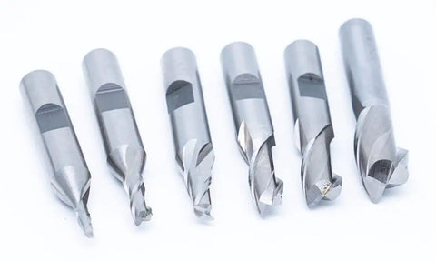 Beefy Single End 2 Flute End Mill Set, 6 Pieces, 3/8 Inch Shank, High Speed Steel, center cutting, on white background.