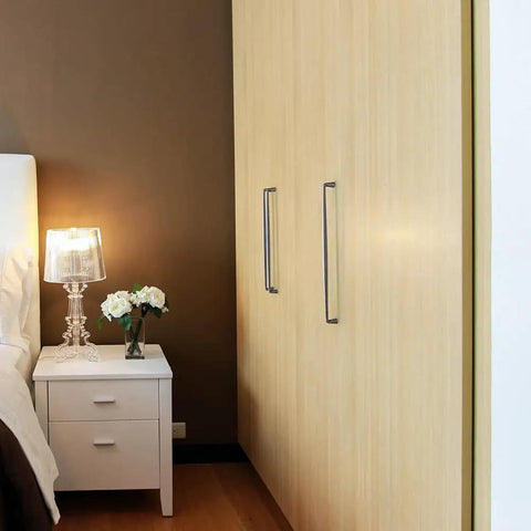 Weathered Nickel Zinc Alloy Cabinet Handles on bedroom wardrobe, 10 Inch Hole Center, rustic look with lamp, nightstand in view