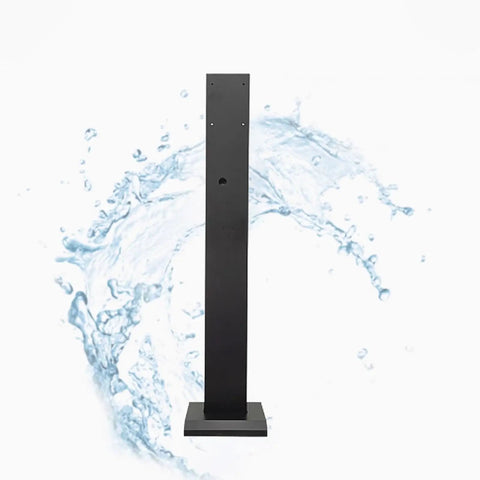 Heavy Duty EV Charger Holder Outdoor Rain Ready Waterproof Cable Protection Box Galvanized Steel Wall Mount standing on base with water splash effect.