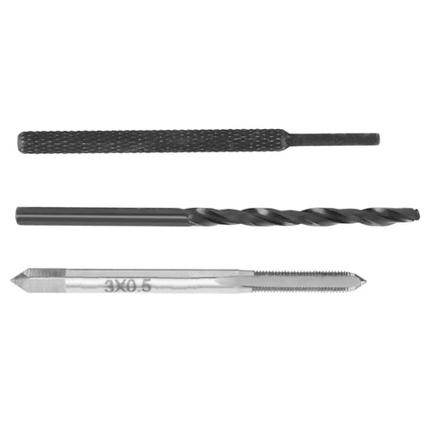 Close-up of tools from M3 Thread Repair Kit With 50 Pcs Stainless Steel Thread Inserts For 2D Threads showing drill and tap