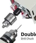 Close-up of the double drill chuck on the Tiny Powerhouse Mini Lathe For DIY Metal Wood Stone Projects.