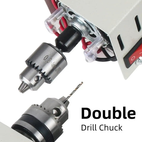 Close-up of the double drill chuck on the Tiny Powerhouse Mini Lathe For DIY Metal Wood Stone Projects.