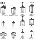 Product lineup featuring Nyack One Light Outdoor Hanging Lantern in Scandinavian Gray with clear glass, showing various designs and dimensions.