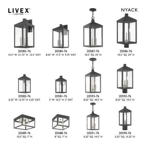Product lineup featuring Nyack One Light Outdoor Hanging Lantern in Scandinavian Gray with clear glass, showing various designs and dimensions.