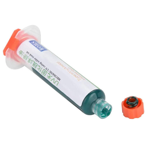 DIY Pro Solder Mask Repair Kit For PCBs With Reball Stencil And Curing Ink, syringe-shaped ink with red cap removed