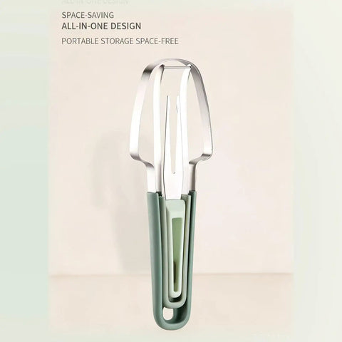 3 In 1 Stainless Steel Watermelon Slicer Set With Melon Scooper And Rounded Edge Fruit Fork, displayed on a light background.
