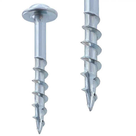 Close-up of Pocket Hole Wood Screws Self Tapping Torx T20 Heavy Duty Coarse Thread 1-1/4 Inch 32mm Silver with threaded tips.