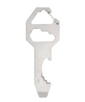 Close-up of Ultra Slim Metal Multi-Tool Card With Bottle Opener And Hex Wrench, silver, durable stainless steel for everyday carry.