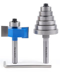 Heavy Duty One Quarter Inch Shank Rabbet Router Bit Set Featuring Six Swappable Brass Bearings For Tough As Nails Woodworking Projects and Smooth Sailing Cuts That Guarantee Pro Results, showing two router bits and an Allen wrench.