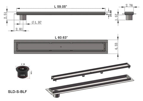 Top Tier 60 Inch Linear Shower Drain With Side Outlet Brushed Nickel Stainless Steel Hair Catcher Strainer Grate dimensions and design.