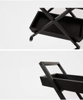 Killer Three Tier Bar Serving Trolley With Rust Free Steel Build And Smooth Tempered Glass Top Heavy Duty Kitchen Storage Cart And Salon Display Stand Built Solid To Handle The Daily Grind, showing black metal frame and storage compartment.