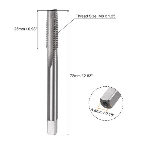 3 Piece Metric Hand Tap Set M8 X 1.25 Taper Plug Bottom Screw Taps High Speed Steel with 25mm thread size, 72mm length.