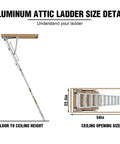 Heavy Duty Aluminum Attic Ladder Pull Down Loft Stairs For Easy Attic Access Door Manual Lift Foldable Ceiling Steps Fits 7 Ft 8 In To 10 Ft 3 In Ceilings 22.5 In By 54 In Opening 375 Lbs Capacity, size detail diagram