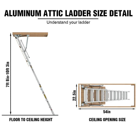 Heavy Duty Aluminum Attic Ladder Pull Down Loft Stairs For Easy Attic Access Door Manual Lift Foldable Ceiling Steps Fits 7 Ft 8 In To 10 Ft 3 In Ceilings 22.5 In By 54 In Opening 375 Lbs Capacity, size detail diagram