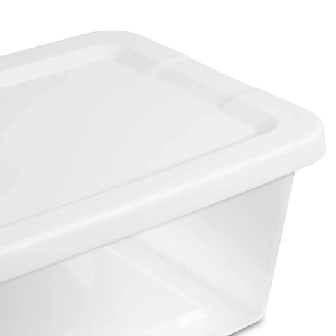 Close-up of clear plastic storage bin with lid 6 quart stackable organizer for closet, shoe, craft, office, and pantry organization