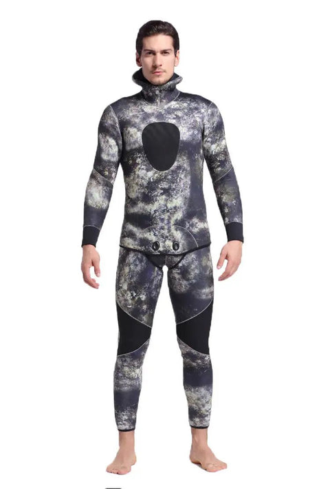 Front view of 5mm Camouflage Neoprene Wetsuit For Men, Spearfishing Ready Hooded Scuba Gear, Premium Thermal Suit For Warmth.