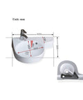 Rock Solid Corner Bathroom Sink, Wall Mounted Ceramic Triangle Washbasin, detailed view with dimensions and faucet.
