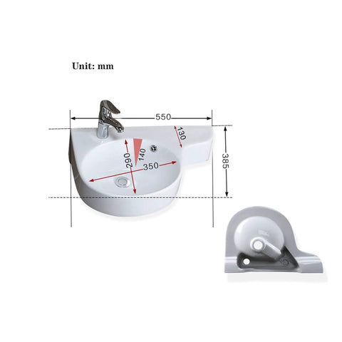Rock Solid Corner Bathroom Sink, Wall Mounted Ceramic Triangle Washbasin, detailed view with dimensions and faucet.