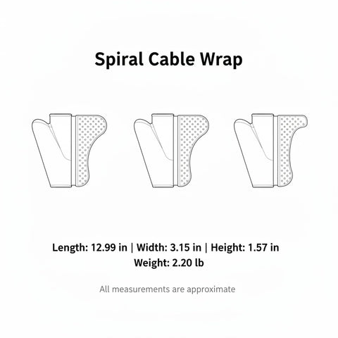 Diagram showing dimensions of Spiral Cable Wrap With Lead Wire Tool Black Cord Management Sleeve lengths and weights.