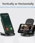 Slick Wireless Charging Stand with iPhone in portrait and landscape modes, demonstrating vertical and horizontal charging positions.