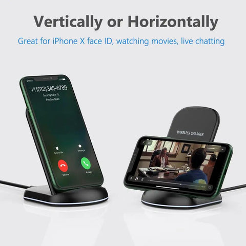 Slick Wireless Charging Stand with iPhone in portrait and landscape modes, demonstrating vertical and horizontal charging positions.