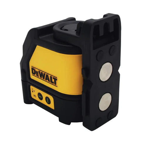 Side view of Cross Line Laser Level With Green Beam Pro Grade Durable Overmolded Housing 1 Meter Drop Rating Magnetic Bracket Full Time Pulse Mode