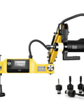 Badass Flexible Electric Tapping Machine Features M3 To M16 Tap Collets And A Telescoping Arm For No Sweat Multi Directional Drilling And Quick Threading On Heavy Duty Auto Gear with yellow body and black motor.