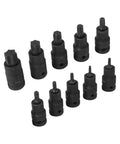 Rock Solid 10PC Socket Adapter Set With 1/2 Inch Drive Bit Holder Featuring T20 To T70 Star Head Screwdriver Bits Made From Heavy Duty Chrome Vanadium Steel For All Your Tough Jobs And Serious DIY Repairs This Kit Is A Total Game Changer For Any Garage. 10-piece chrome vanadium Torx socket adapter set, assorted sizes