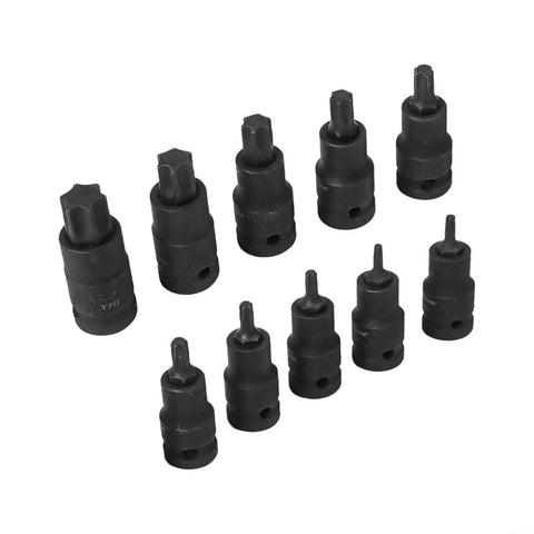 Rock Solid 10PC Socket Adapter Set With 1/2 Inch Drive Bit Holder Featuring T20 To T70 Star Head Screwdriver Bits Made From Heavy Duty Chrome Vanadium Steel For All Your Tough Jobs And Serious DIY Repairs This Kit Is A Total Game Changer For Any Garage. 10-piece chrome vanadium Torx socket adapter set, assorted sizes