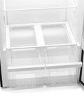 Inside view of Hella Roomy 21 Cu Ft Upright Refrigerator Freezer Combo, featuring clear storage bins and shelves for easy organization.