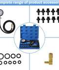 Oil pressure tester kit with 3-inch dial gauge, hoses, brass elbow adapter, and multiple adapters in blue carrying case