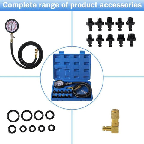 Oil pressure tester kit with 3-inch dial gauge, hoses, brass elbow adapter, and multiple adapters in blue carrying case