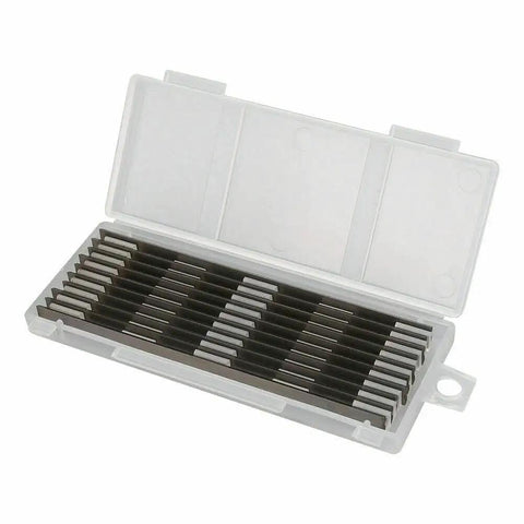 Double Edged High Speed Steel Planer Blades Reversible Jointer Knives Pack Of Ten in clear case, ideal for woodworking replacement parts.