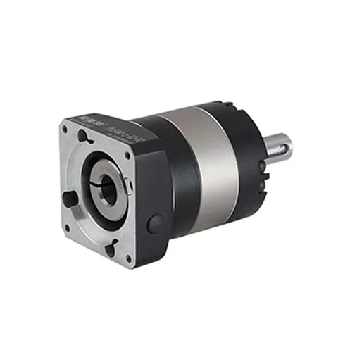 Heavy Duty Round Flange Planetary Gearbox Delivers Rock Solid Torque Conversion With Ultra Low Backlash For Motor Reducer Projects And Knockout Smooth Cruising At Four To One Ratios In Red, showing gearbox side angle.