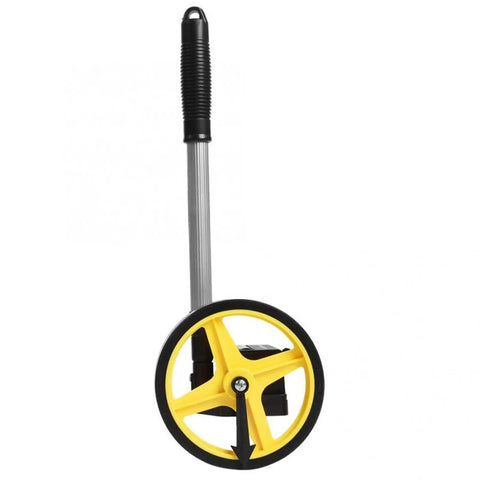 No Fuss Portable Measuring Wheel With Telescopic Handle For Snappy Road And Lot Surveys displayed from the front with yellow wheel.