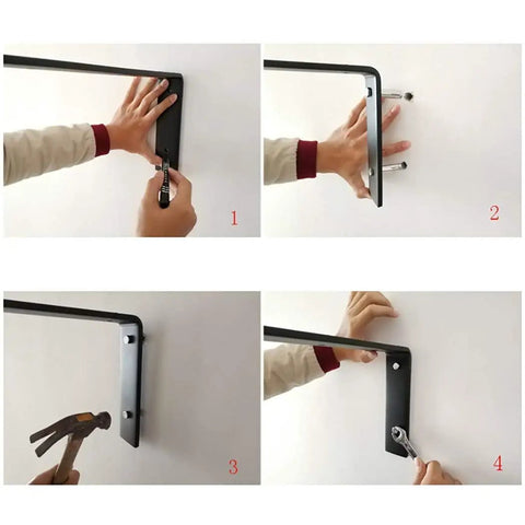 Hefty Hold Rock Solid L Shaped Wall Brackets For Corner Shelves installation steps showing secure mounting for heavy support.