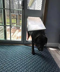 Dog using Premium Rock Solid Insulated Pet Door For Extreme Weather With Dual Pane Tempered Glass, framed in white.
