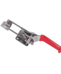 Super Durable Stainless Steel Toggle Clamps With Adjustable Openness And 900kg Heavy Duty Firm Fixing Buckle Latch, side view showing red handle.