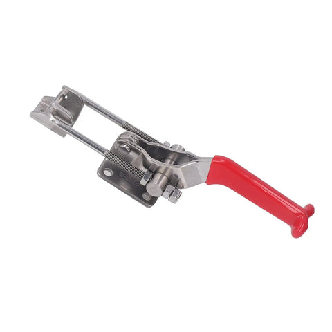 Super Durable Stainless Steel Toggle Clamps With Adjustable Openness And 900kg Heavy Duty Firm Fixing Buckle Latch, side view showing red handle.