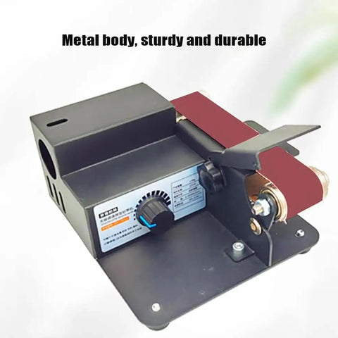 Mini Belt Grinding Machine With Stepless Speed Control For Rust Removal Polishing Engraving And Derusting Durable Sanding Tool close-up of metal body and adjustable speed knob.
