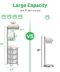 Free Standing Toilet Paper Holder With Extra Top Shelf For Phone And Wipes, Mega Roll Capacity, Durable Steel Silver Finish