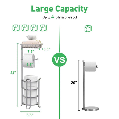 Free Standing Toilet Paper Holder With Extra Top Shelf For Phone And Wipes, Mega Roll Capacity, Durable Steel Silver Finish