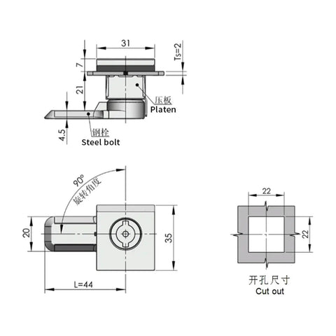 Technical drawing of a Stainless Steel Cam Lock for electrical cabinets and enclosures, showing dimensions and components.