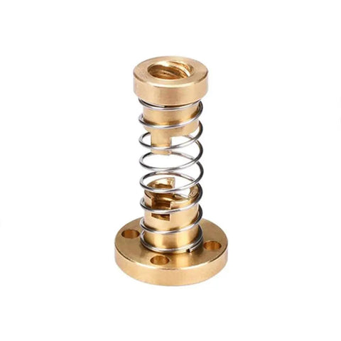 Anti Backlash Nut For 8mm Acme Lead Screws 2mm Pitch T8 Style, brass and stainless steel spring-loaded component for CNC and 3D printers.