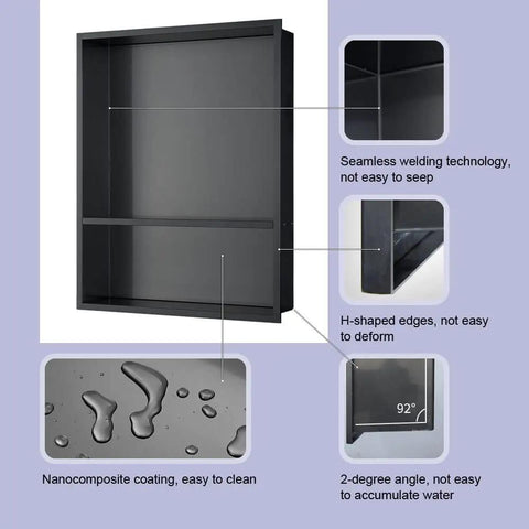 Shower Niche Insert Storage Shelf Set 16x20 Inch No Tile Needed Double In Wall Stainless Steel Niche Black Grey Finish