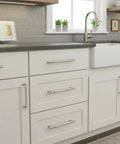 Kitchen scene showing cabinets with 10 Pack Brushed Satin Nickel Cabinet Pulls With 5 Inch Hole Centers Vintage Kitchen Hardware